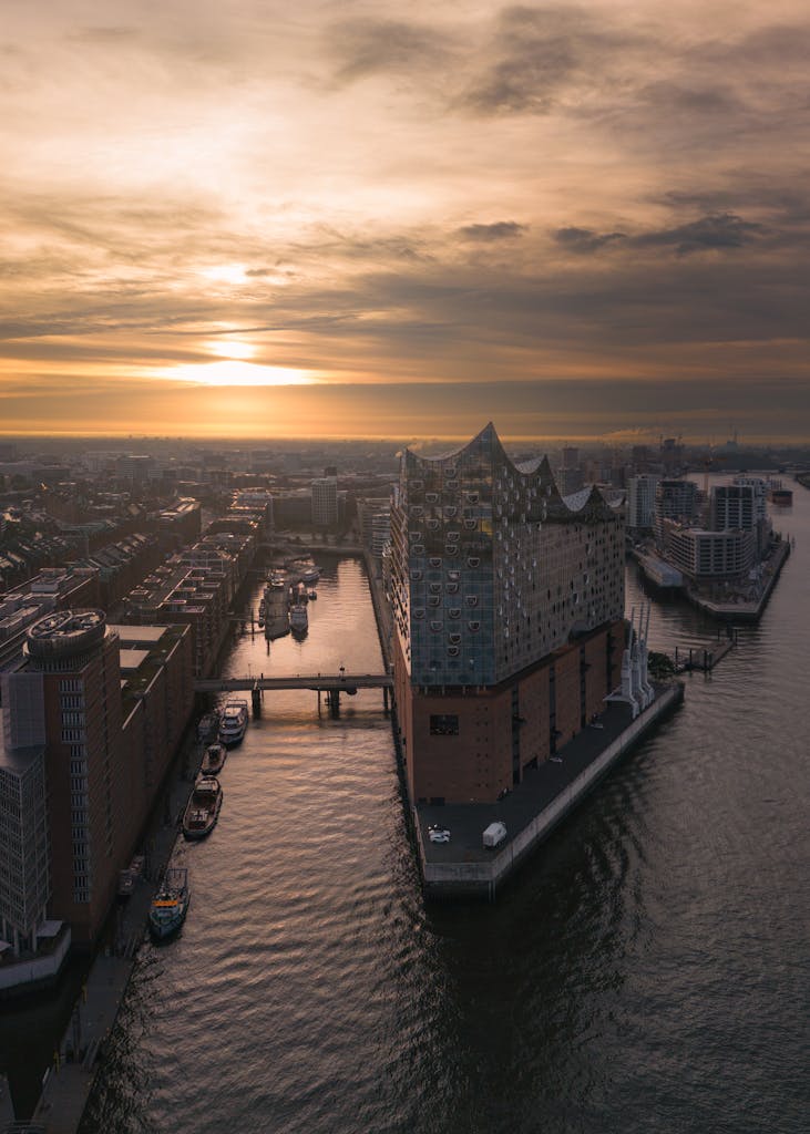 Stunning aerial of Elbphilharmonie and cityscape with sunset in Hamburg, Germany.